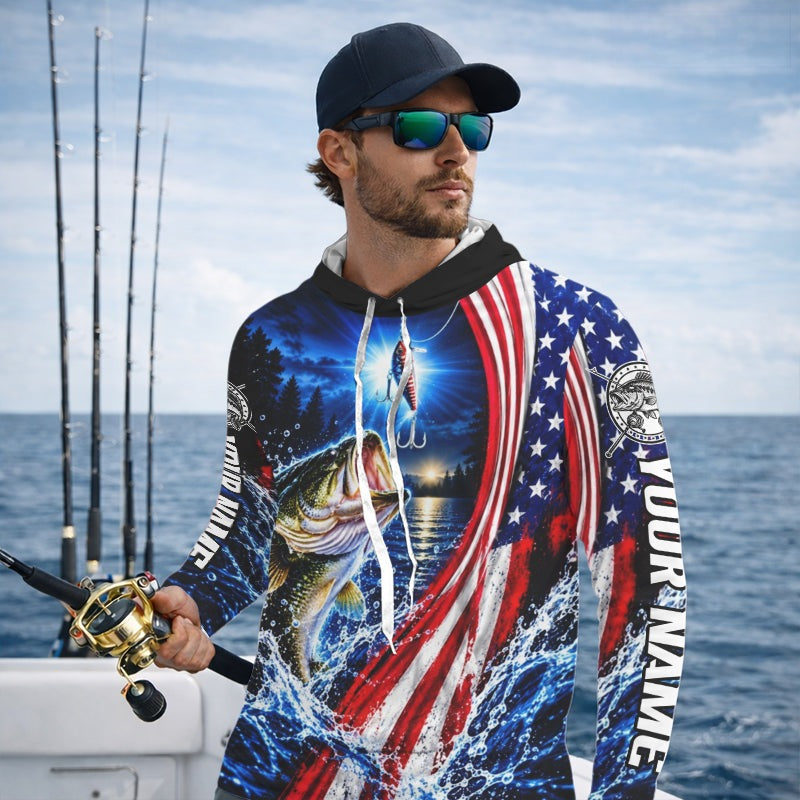 American Flag Bass Fishing Custom Long Sleeve Hooded Fishing Shirts, Tournament Bass Fishing Jerseys