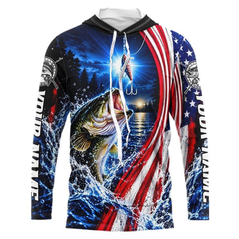 American Flag Bass Fishing Custom Long Sleeve Hooded Fishing Shirts, Tournament Bass Fishing Jerseys