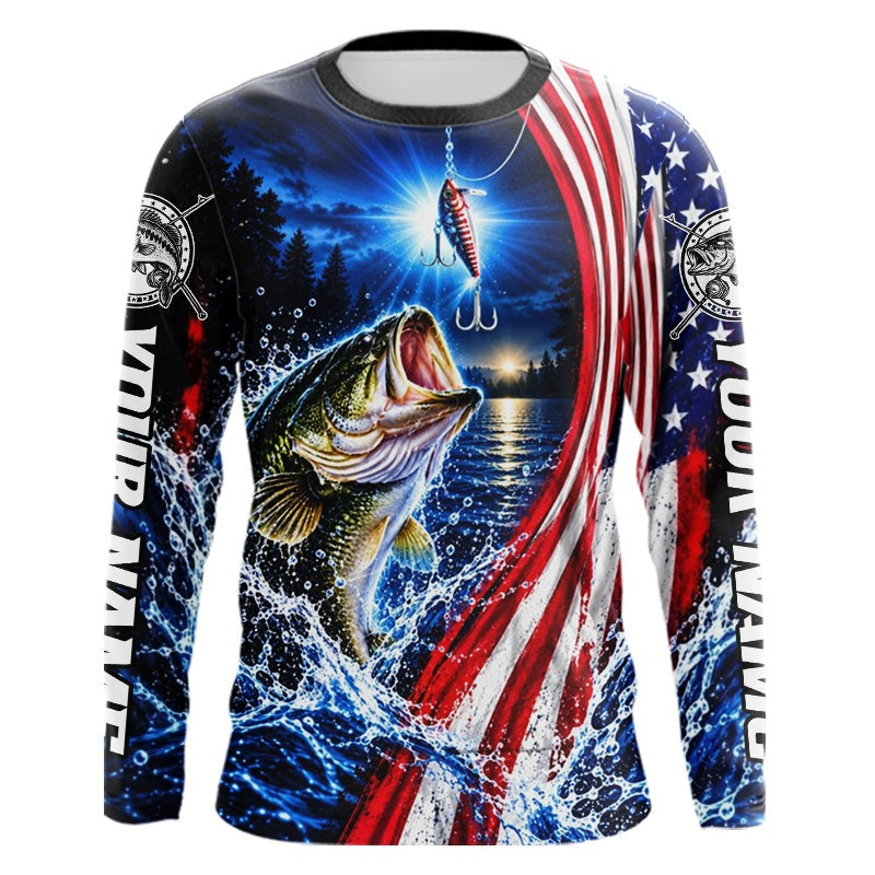American Flag Bass Fishing Custom Long Sleeve Fishing Shirts, Tournament Bass Fishing Jerseys