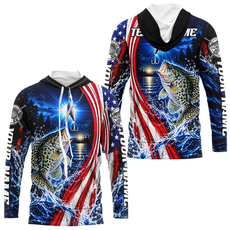 American Flag Crappie Fishing Custom Long Sleeve Hooded Fishing Shirts, Tournament Crappie Fishing Jerseys