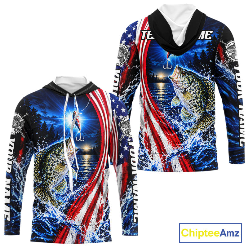 American Flag Crappie Fishing Custom Long Sleeve Hooded Fishing Shirts, Tournament Crappie Fishing Jerseys