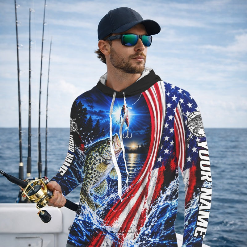 American Flag Crappie Fishing Custom Long Sleeve Hooded Fishing Shirts, Tournament Crappie Fishing Jerseys