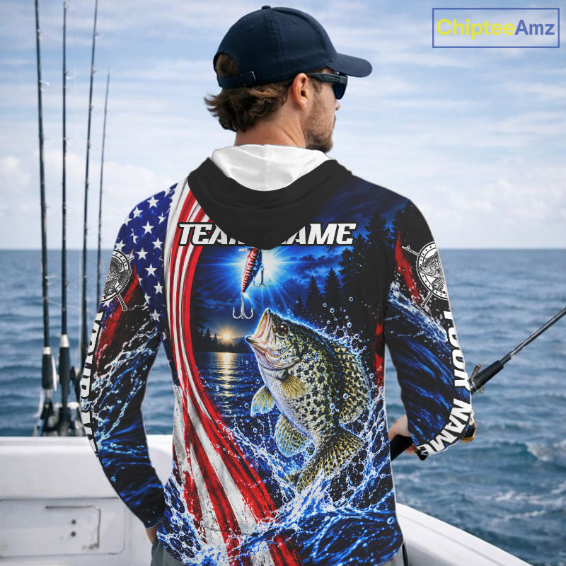 American Flag Crappie Fishing Custom Long Sleeve Hooded Fishing Shirts, Tournament Crappie Fishing Jerseys
