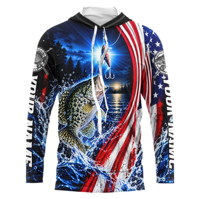 American Flag Crappie Fishing Custom Long Sleeve Hooded Fishing Shirts, Tournament Crappie Fishing Jerseys