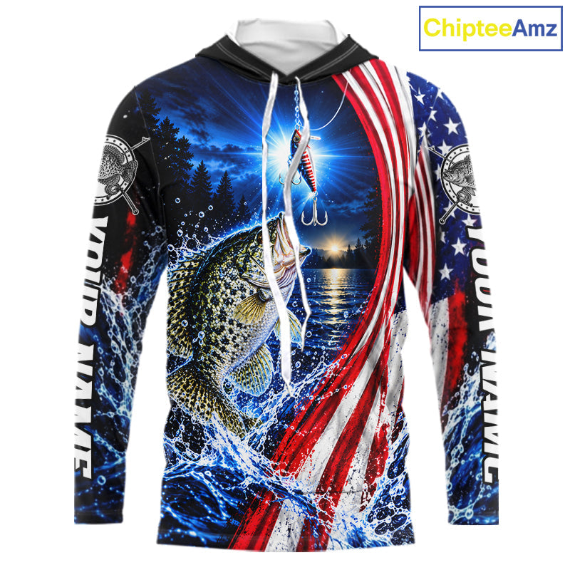 American Flag Crappie Fishing Custom Long Sleeve Hooded Fishing Shirts, Tournament Crappie Fishing Jerseys