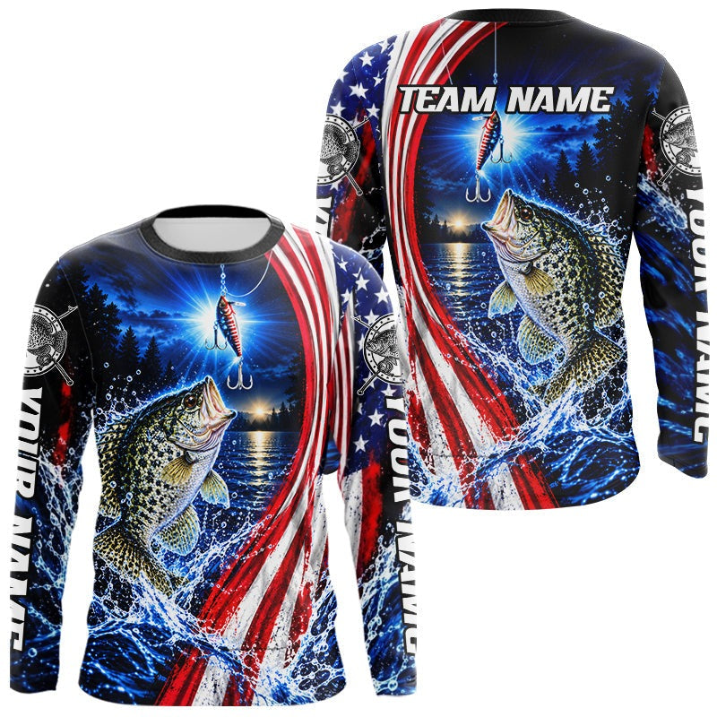 American Flag Crappie Fishing Custom Long Sleeve Fishing Shirts, Tournament Crappie Fishing Jerseys