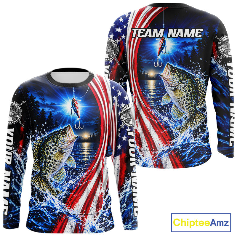 American Flag Crappie Fishing Custom Long Sleeve Fishing Shirts, Tournament Crappie Fishing Jerseys