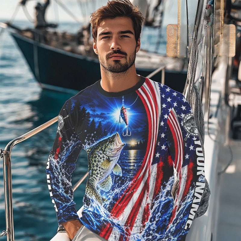 American Flag Crappie Fishing Custom Long Sleeve Fishing Shirts, Tournament Crappie Fishing Jerseys