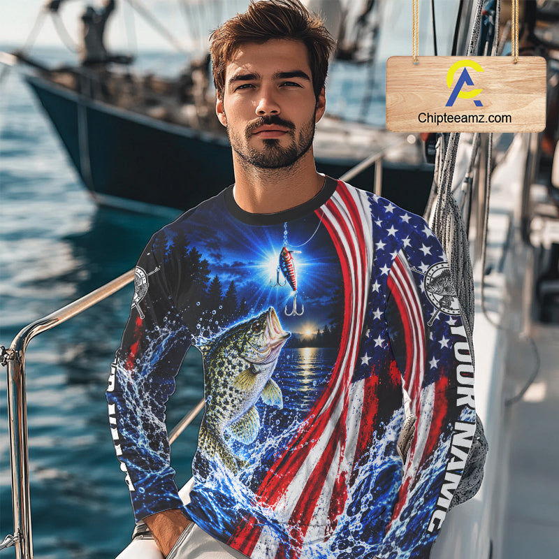 American Flag Crappie Fishing Custom Long Sleeve Fishing Shirts, Tournament Crappie Fishing Jerseys
