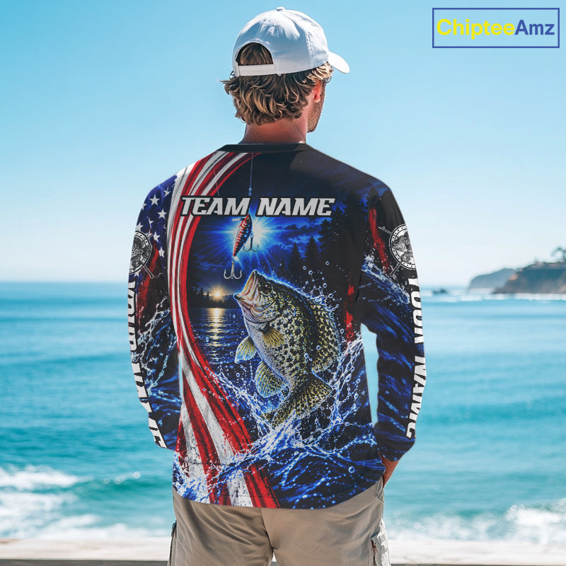 American Flag Crappie Fishing Custom Long Sleeve Fishing Shirts, Tournament Crappie Fishing Jerseys