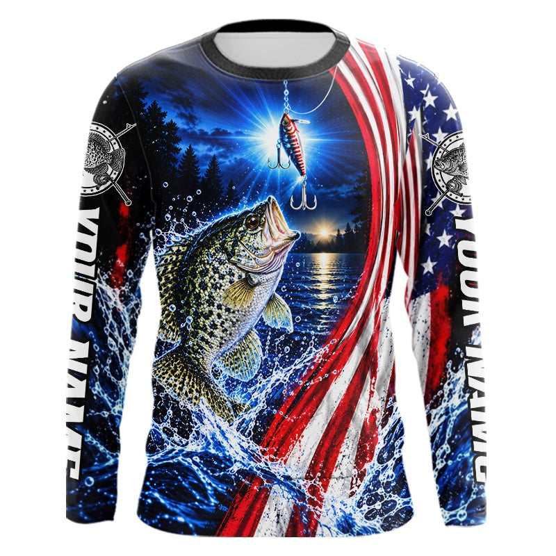 American Flag Crappie Fishing Custom Long Sleeve Fishing Shirts, Tournament Crappie Fishing Jerseys