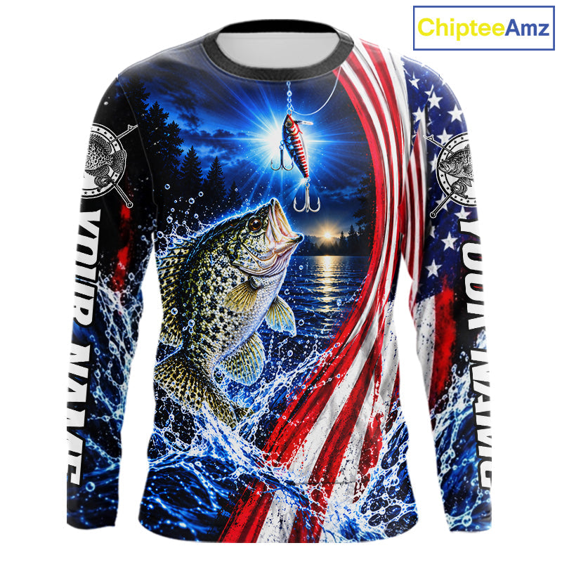 American Flag Crappie Fishing Custom Long Sleeve Fishing Shirts, Tournament Crappie Fishing Jerseys