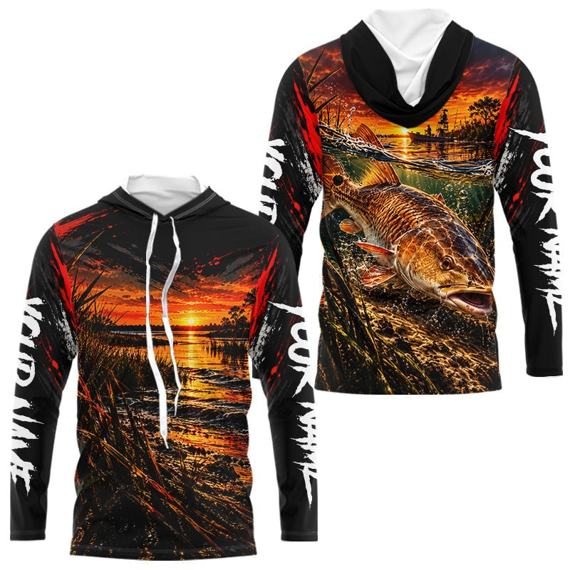 Custom Redfish Long Sleeve Hooded Tournament Fishing Shirts, Redfish Saltwater Fishing Jerseys