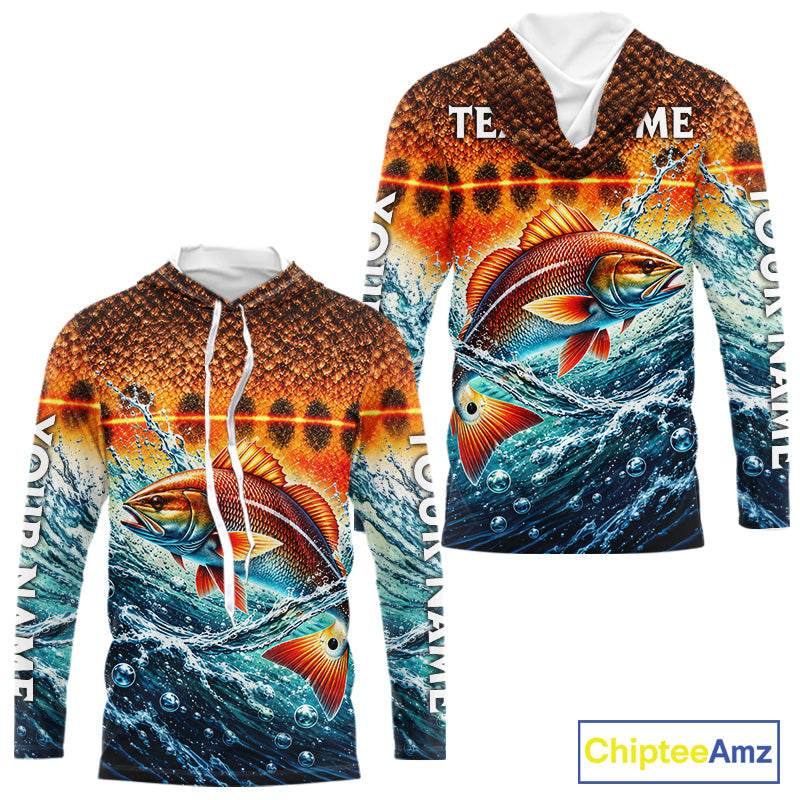Personalized Redfish Fishing Scales Long Sleeve Hooded Performance Fishing Team Shirts