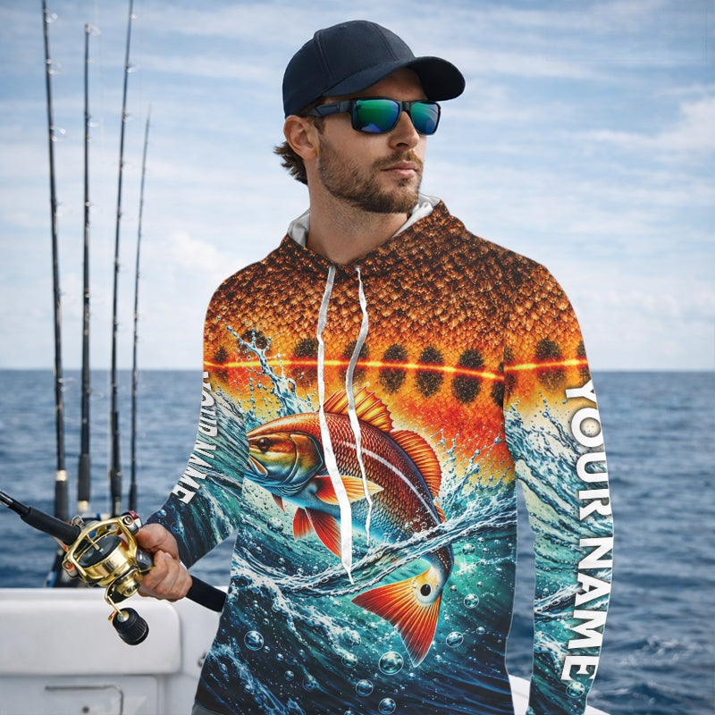 Personalized Redfish Fishing Scales Long Sleeve Hooded Performance Fishing Team Shirts