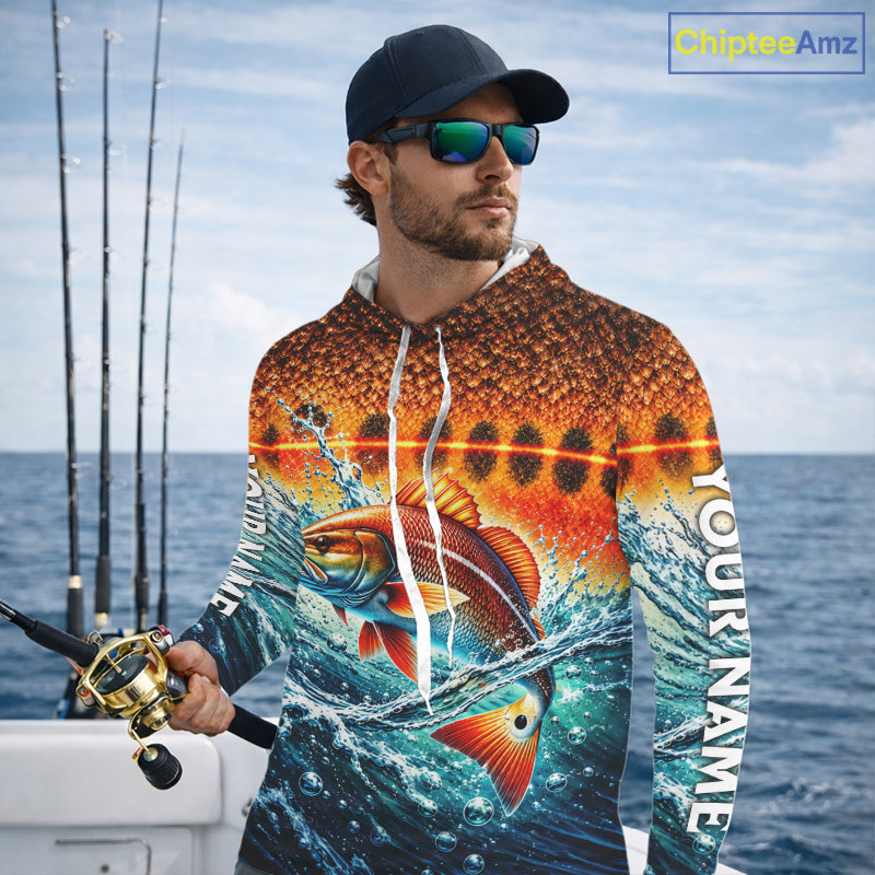 Personalized Redfish Fishing Scales Long Sleeve Hooded Performance Fishing Team Shirts