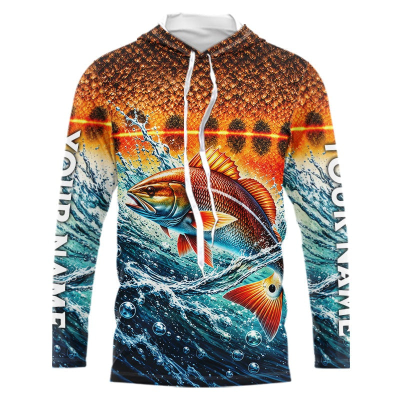 Personalized Redfish Fishing Scales Long Sleeve Hooded Performance Fishing Team Shirts