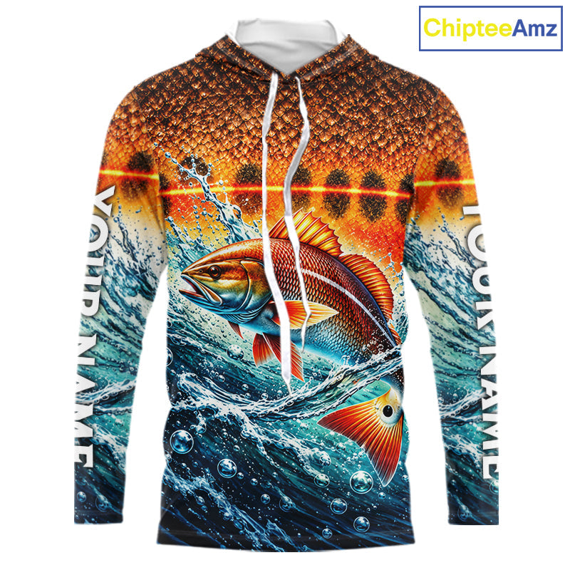 Personalized Redfish Fishing Scales Long Sleeve Hooded Performance Fishing Team Shirts