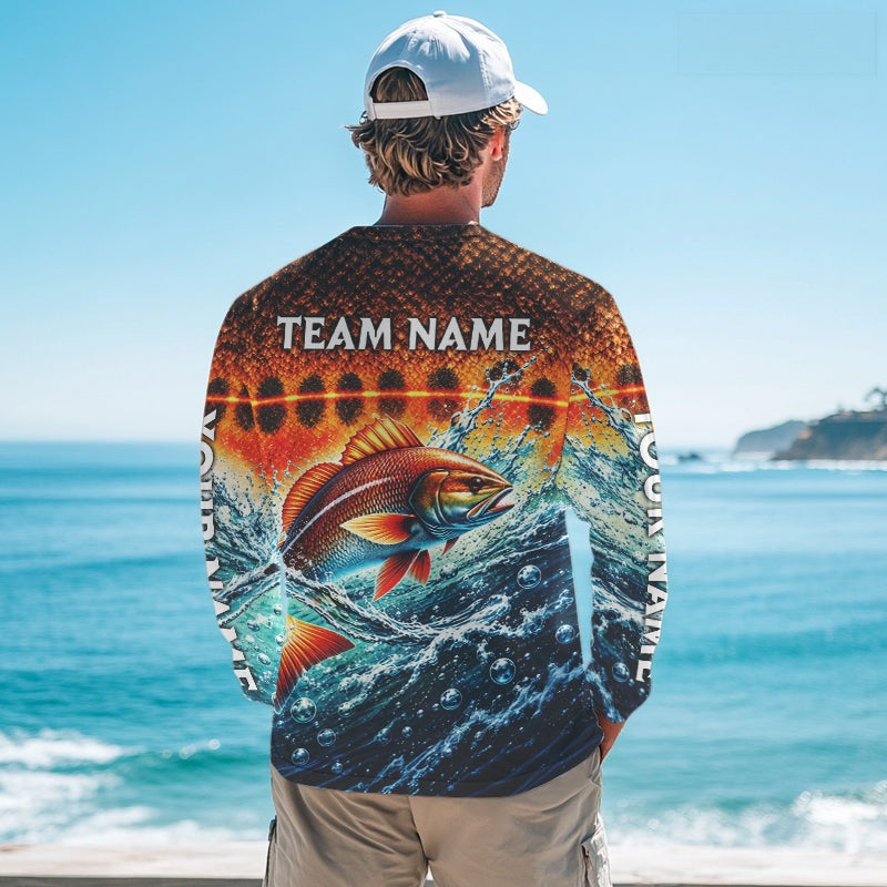 Personalized Redfish Fishing Scales Long Sleeve Performance Fishing Team Shirts