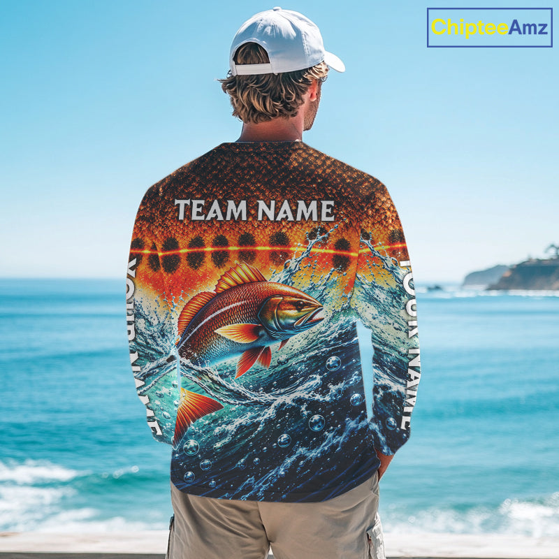 Personalized Redfish Fishing Scales Long Sleeve Performance Fishing Team Shirts