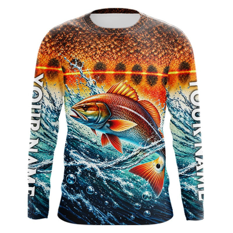 Personalized Redfish Fishing Scales Long Sleeve Performance Fishing Team Shirts