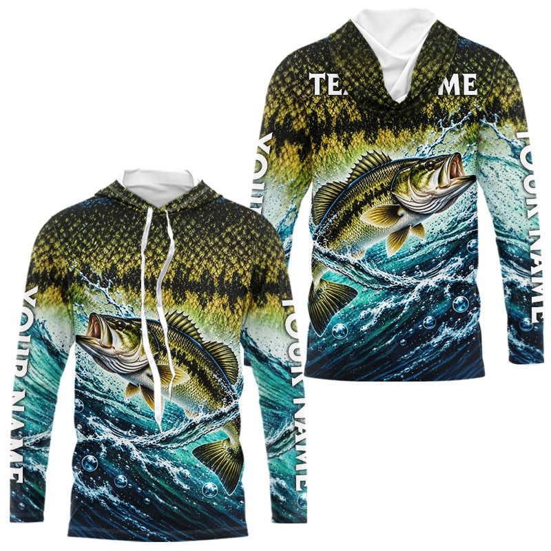 Personalized Bass Fishing Scales Long Sleeve Hooded Performance Fishing Team Shirts, Bass Fishing Jersey