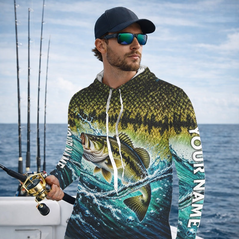Personalized Bass Fishing Scales Long Sleeve Hooded Performance Fishing Team Shirts, Bass Fishing Jersey
