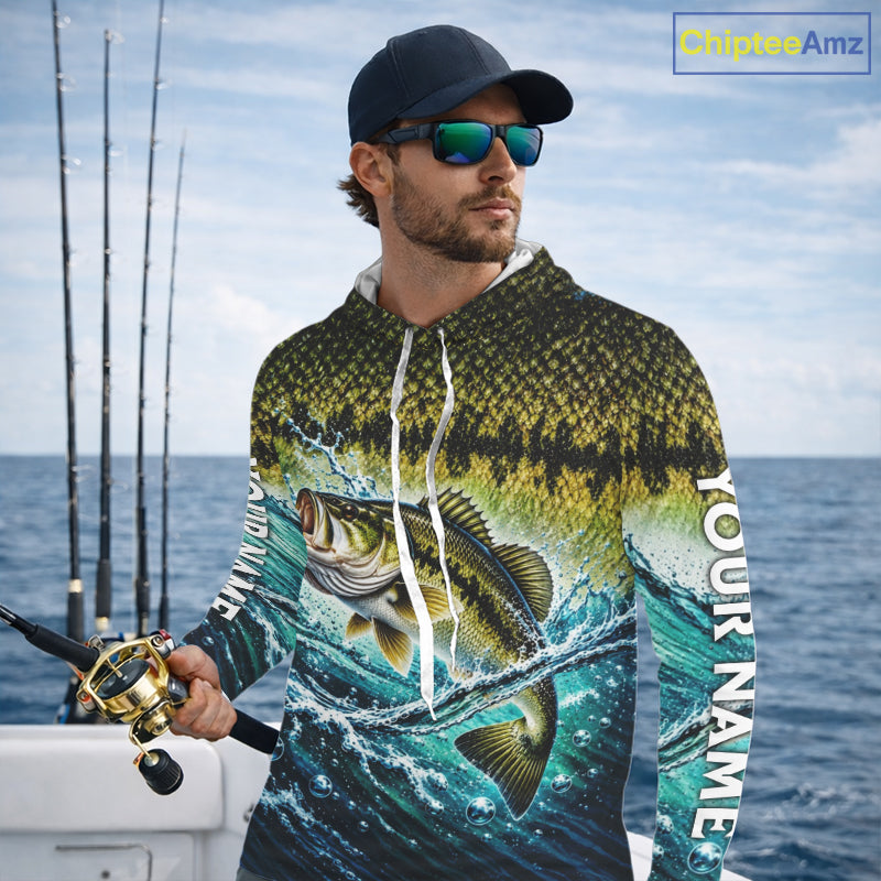 Personalized Bass Fishing Scales Long Sleeve Hooded Performance Fishing Team Shirts, Bass Fishing Jersey