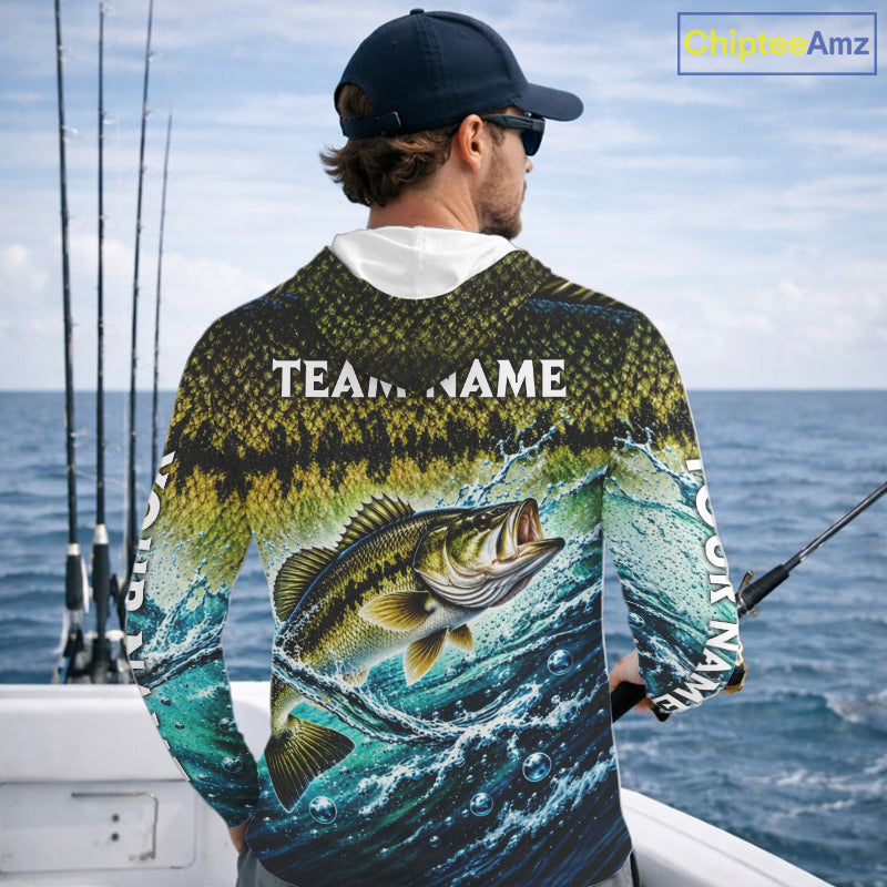 Personalized Bass Fishing Scales Long Sleeve Hooded Performance Fishing Team Shirts, Bass Fishing Jersey