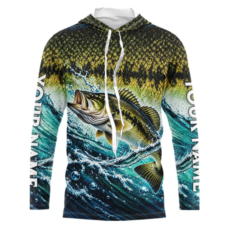 Personalized Bass Fishing Scales Long Sleeve Hooded Performance Fishing Team Shirts, Bass Fishing Jersey