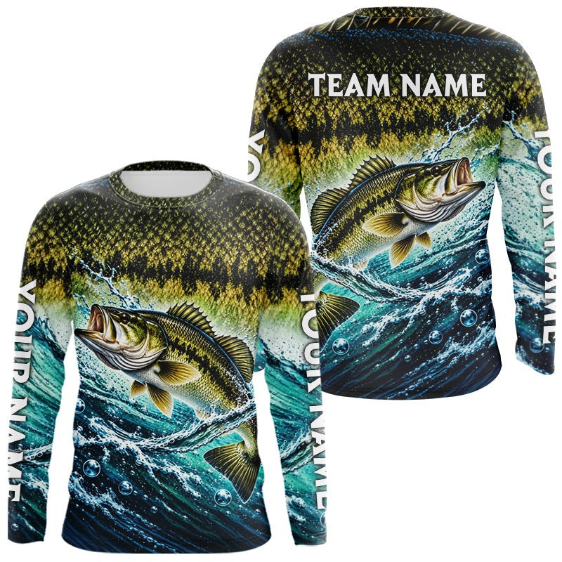 Personalized Bass Fishing Scales Long Sleeve Performance Fishing Team Shirts, Bass Fishing Jersey