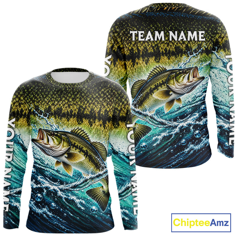 Personalized Bass Fishing Scales Long Sleeve Performance Fishing Team Shirts, Bass Fishing Jersey