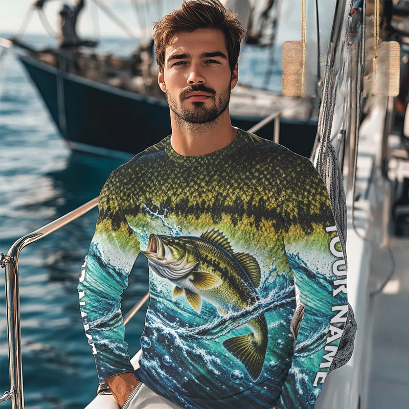 Personalized Bass Fishing Scales Long Sleeve Performance Fishing Team Shirts, Bass Fishing Jersey