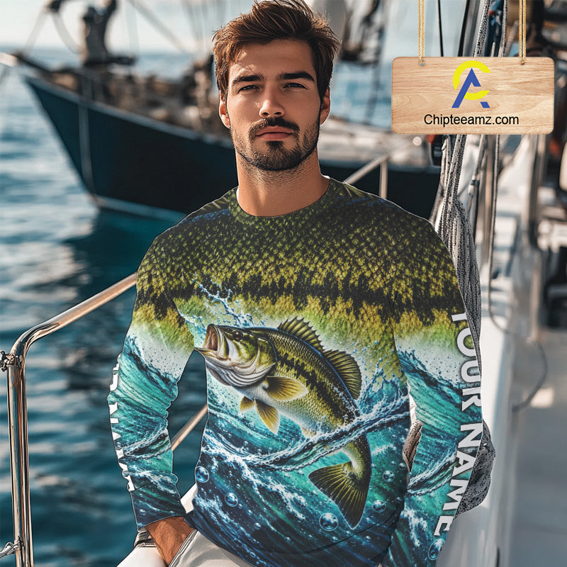 Personalized Bass Fishing Scales Long Sleeve Performance Fishing Team Shirts, Bass Fishing Jersey