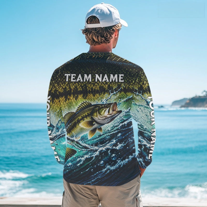 Personalized Bass Fishing Scales Long Sleeve Performance Fishing Team Shirts, Bass Fishing Jersey