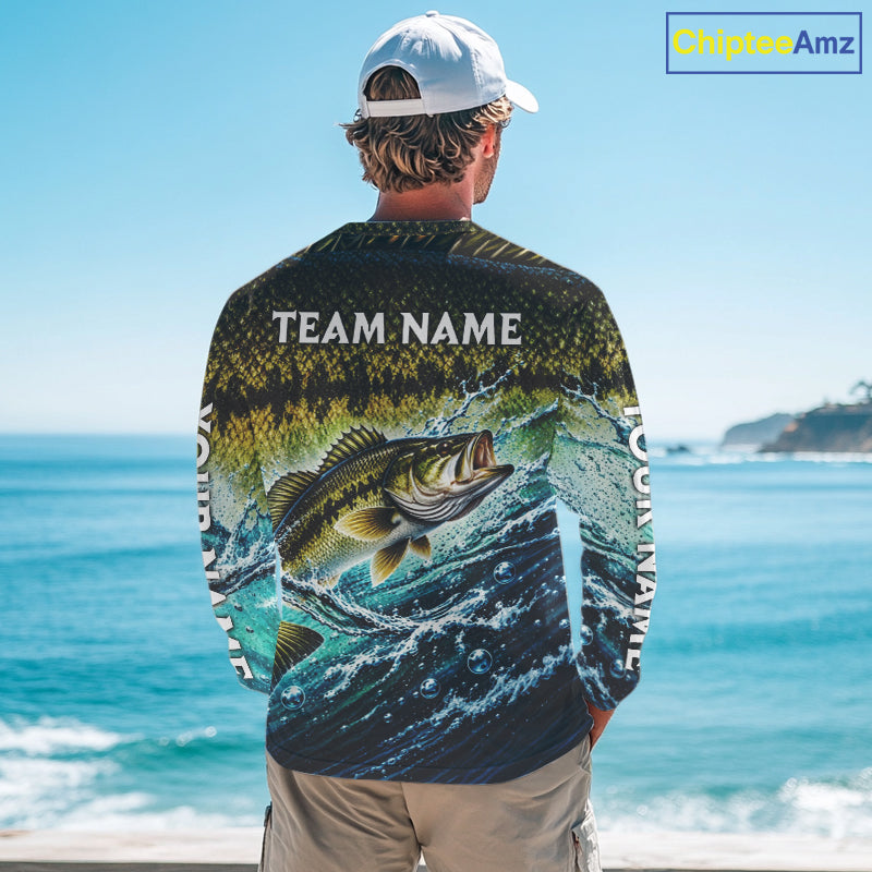 Personalized Bass Fishing Scales Long Sleeve Performance Fishing Team Shirts, Bass Fishing Jersey