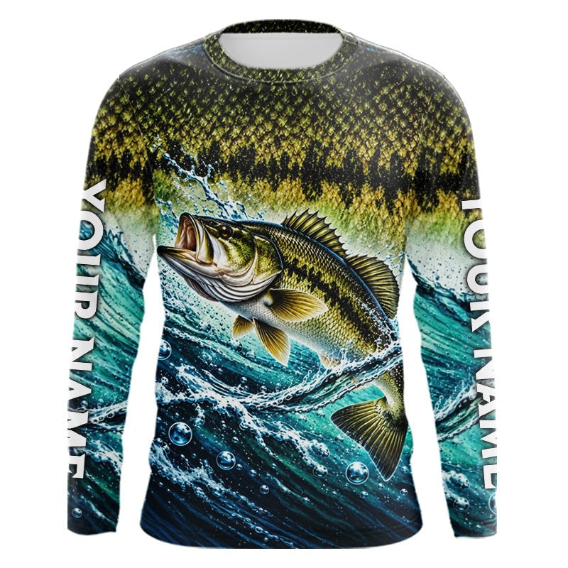Personalized Bass Fishing Scales Long Sleeve Performance Fishing Team Shirts, Bass Fishing Jersey