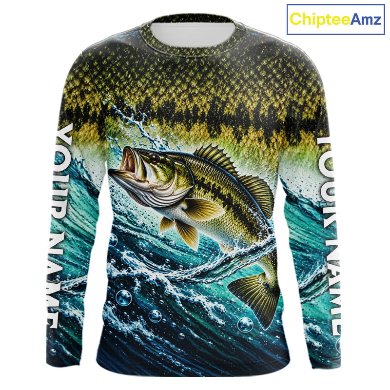 Personalized Bass Fishing Scales Long Sleeve Performance Fishing Team Shirts, Bass Fishing Jersey