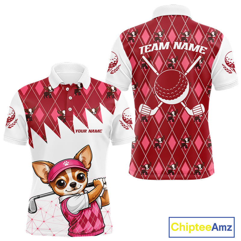 Funny Cute Dog Pink Argyle Pattern Golf Polo Shirts, Dog Lover Golf Team Shirts