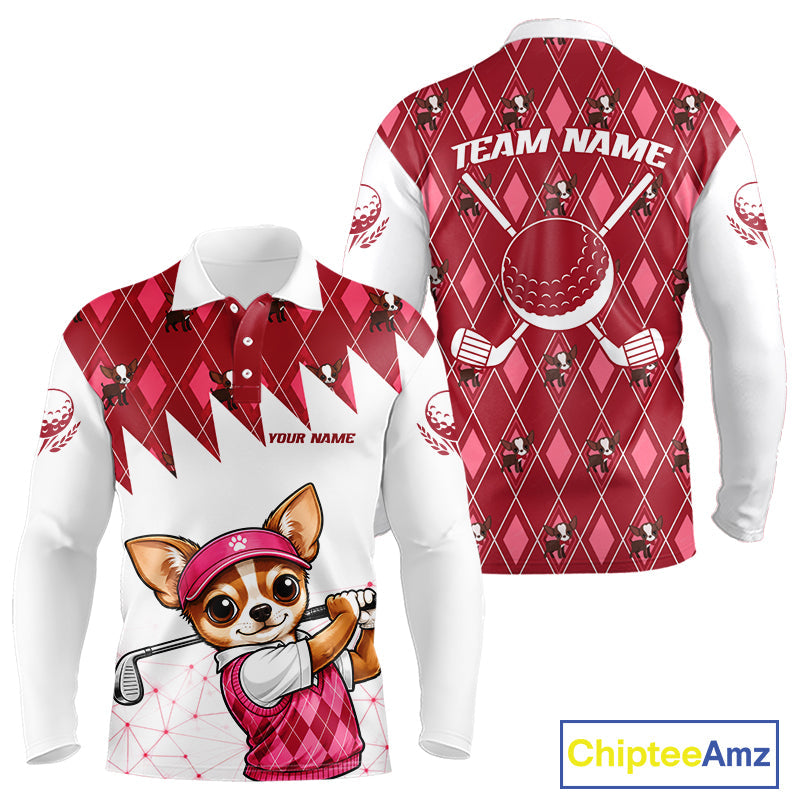 Funny Cute Dog Pink Argyle Pattern Golf Polo Shirts, Dog Lover Golf Team Shirts