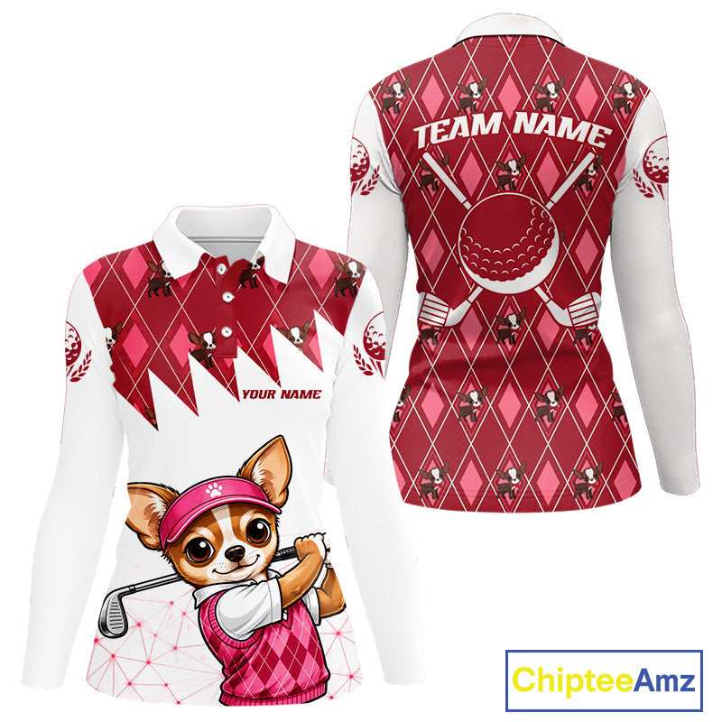 Funny Cute Dog Pink Argyle Pattern Golf Polo Shirts, Dog Lover Golf Team Shirts