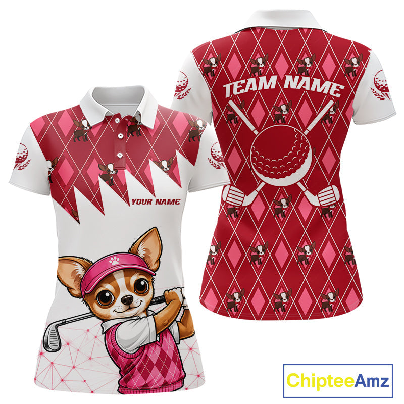 Funny Cute Dog Pink Argyle Pattern Golf Polo Shirts, Dog Lover Golf Team Shirts