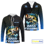 Bass Fishing Blue Flame Smoke Long Sleeve Hooded Fishing Shirts, Bass Fishing Shirt For Team