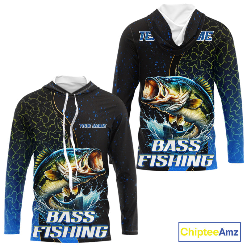Bass Fishing Blue Flame Smoke Long Sleeve Hooded Fishing Shirts, Bass Fishing Shirt For Team