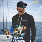 Bass Fishing Blue Flame Smoke Long Sleeve Hooded Fishing Shirts, Bass Fishing Shirt For Team