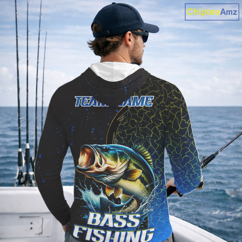 Bass Fishing Blue Flame Smoke Long Sleeve Hooded Fishing Shirts, Bass Fishing Shirt For Team