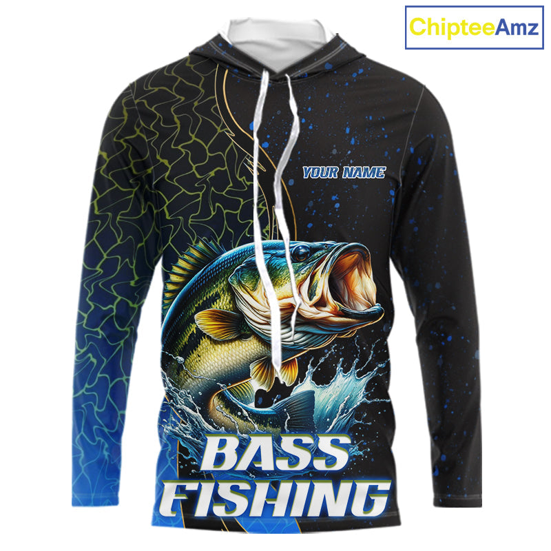 Bass Fishing Blue Flame Smoke Long Sleeve Hooded Fishing Shirts, Bass Fishing Shirt For Team