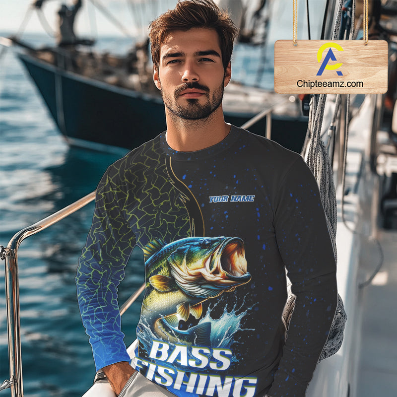 Bass Fishing Blue Flame Smoke Long Sleeve Fishing Shirts, Bass Fishing Shirt For Team