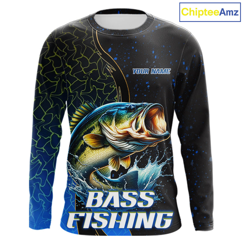 Bass Fishing Blue Flame Smoke Long Sleeve Fishing Shirts, Bass Fishing Shirt For Team