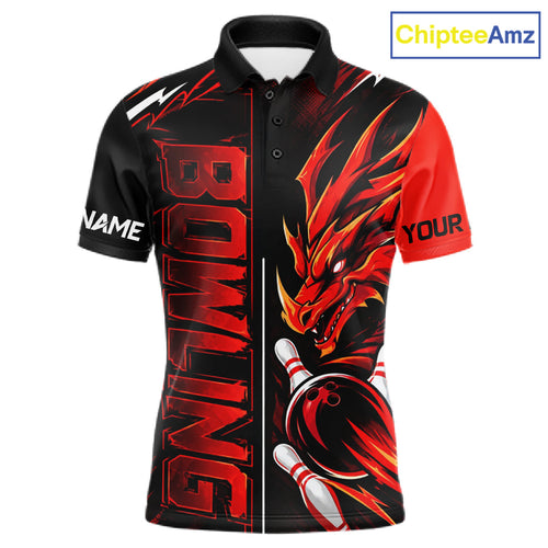 Custom Black And Red Dragon Bowling Polo & 1/4 Zip Shirts, Dragon Bowling Team Shirts